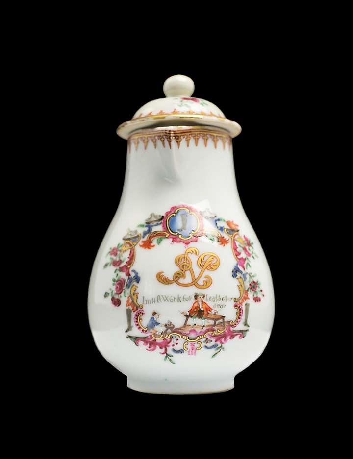 Chinese export porcelain milk jug and cover, advertising label